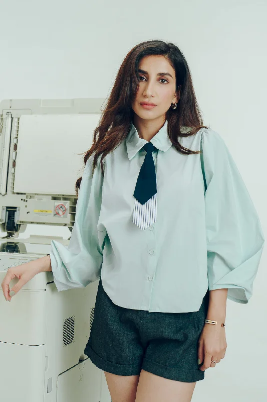 Sea Green Shirt With Tie Cozy Loose Fit Short Sleeve