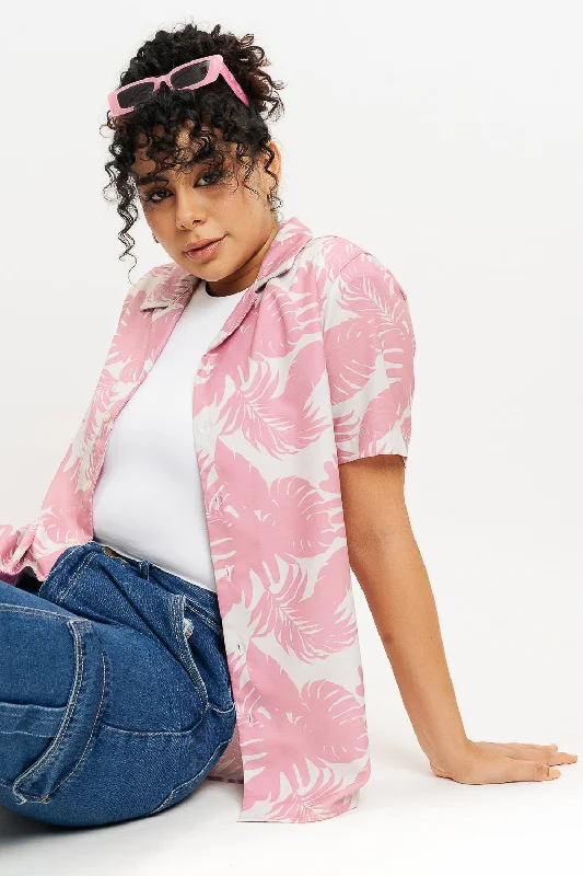 Pink Palm Leaf Print Women's Resort Shirt Relaxed Fit Short Tunic