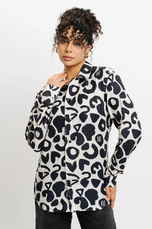 Playful Imprints Full Sleeves Women's Shirt Fashionable Button-Front Short Sleeve