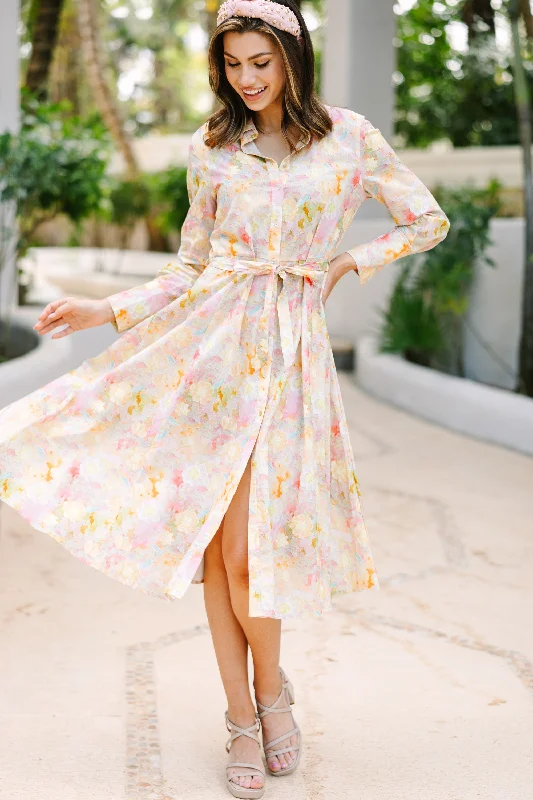 Pure Happiness Pink Abstract Midi Dress Fashionable Sheer Sleeve Midi Dress