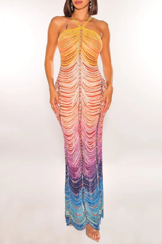 Rainbow Sleeveless Rhinestone Embellished Maxi Dress