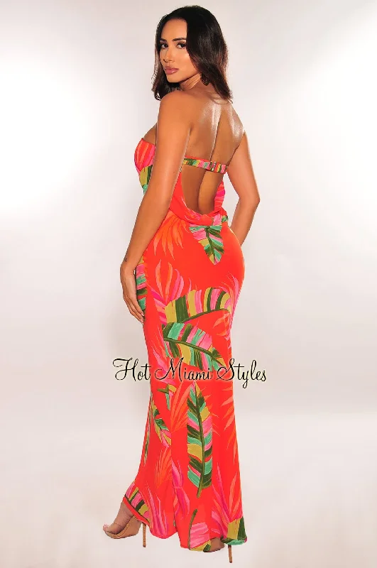 Red Tropical Palm Print Strapless Cut Out Back Maxi Dress