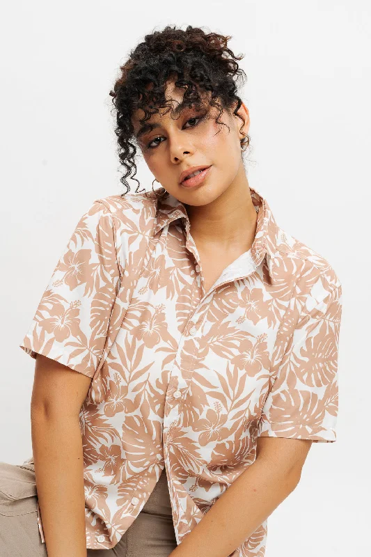 Beige Tropical Print Shirt Fashionable Rounded Short Shirt