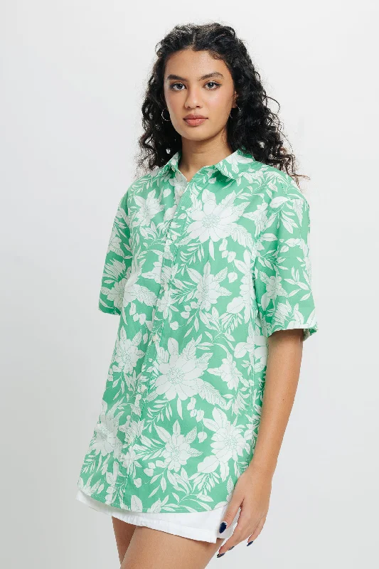 Green Printed Viscose Shirt Casual Loose Short Sleeve