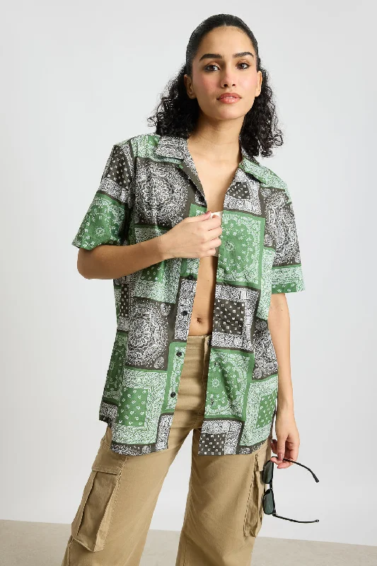 Bandana Print Women's Resort Shirt Classic Solid Short Shirt