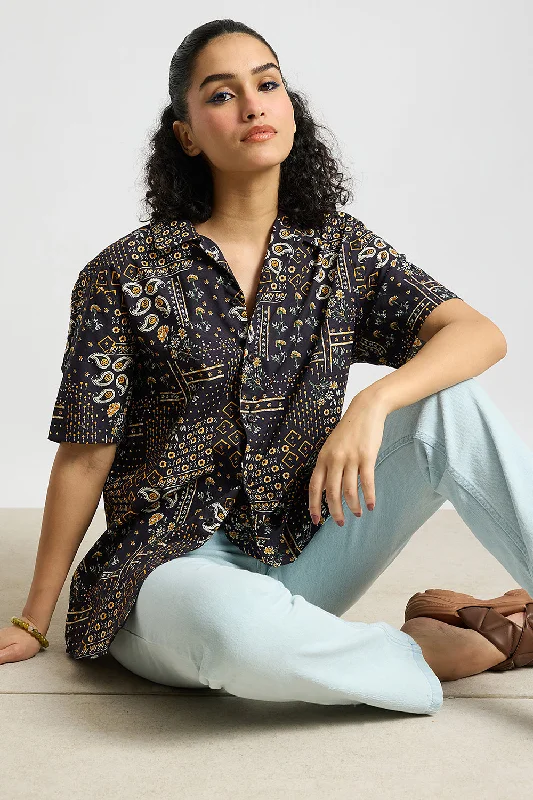 Navy Gisela Women's Resort Shirt Classic Casual Short Sleeve
