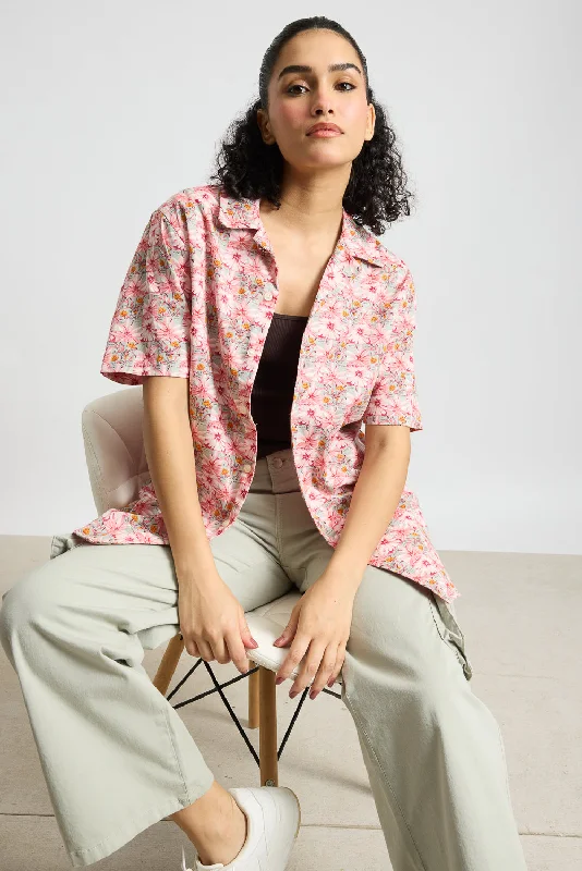 Pink Flower Women's Resort Shirt Fashionable Short Sleeve Vest
