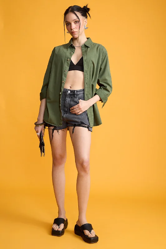 Easy Twill Green Women's Regular Fit Shirt Elegant Button-Down Short Shirt