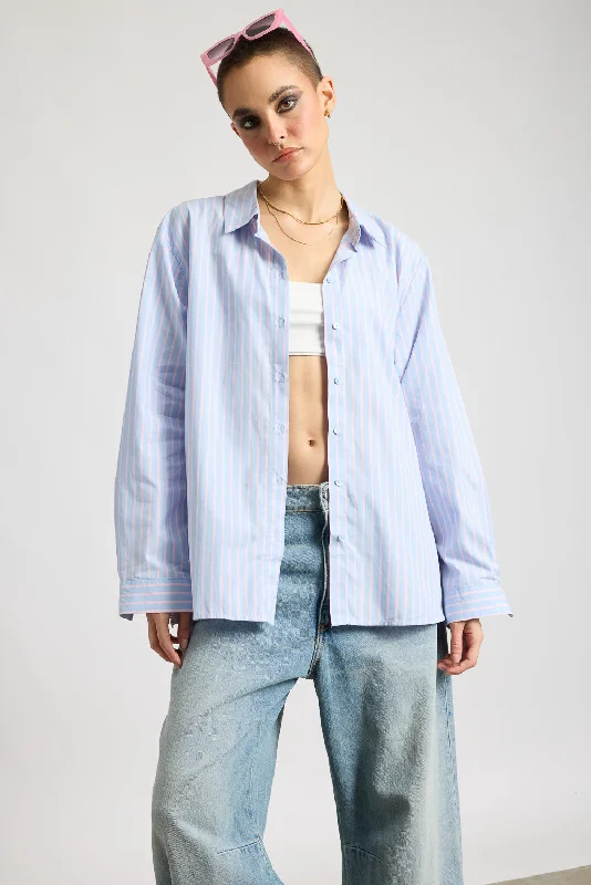 Relaxed Fit Cotton Women's Blue Shirt With Pink Stripes Soft Cotton Short Tee