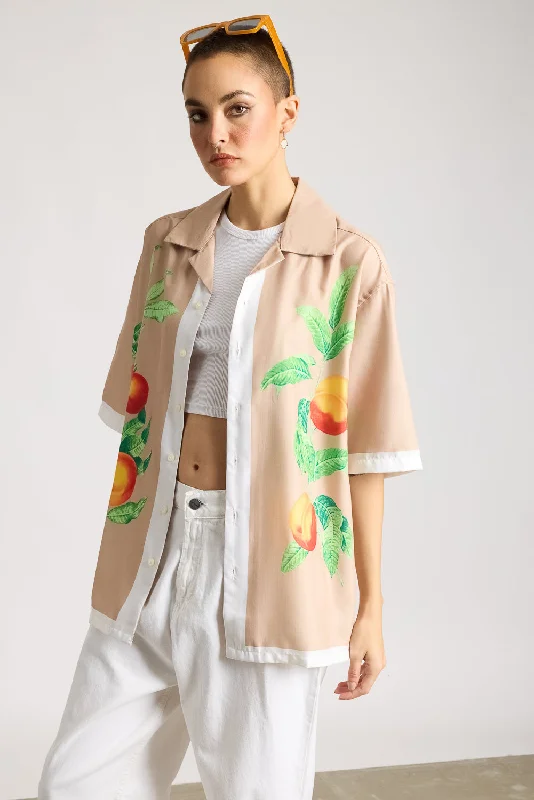 Relaxed Fit Printed Women's Shirt - Peaches Classic Cropped Short Sleeve