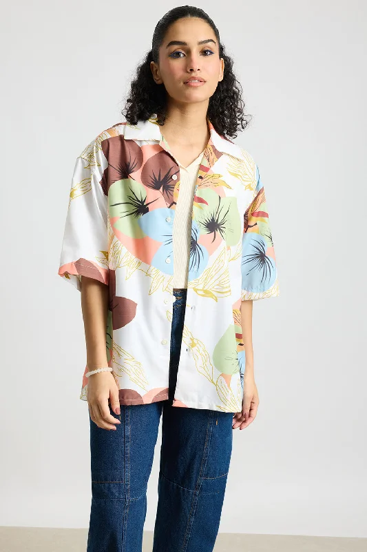 Tropical Print Women's Resort Shirt Classic Short Sleeve Blouse