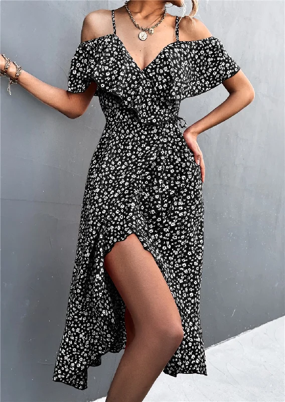 Rita Floral Backless Ruffle Slit Midi Dress Chic Lace Detail Midi Dress