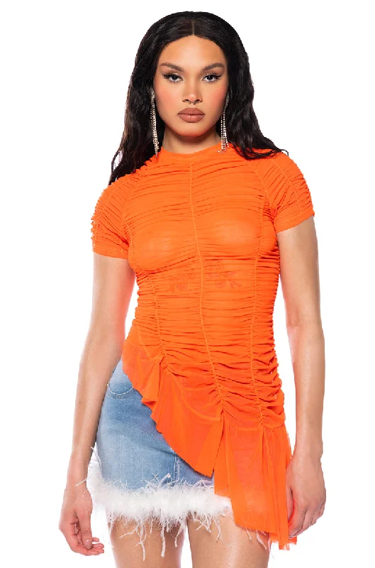 RORY RUCHED MESH ASYMMETRICAL SHORT SLEEVE TSHIRT