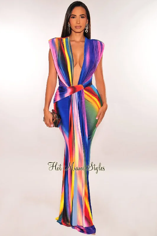 Royal Ombre Print Silky Plunge Padded Shoulder Draped Maxi Dress