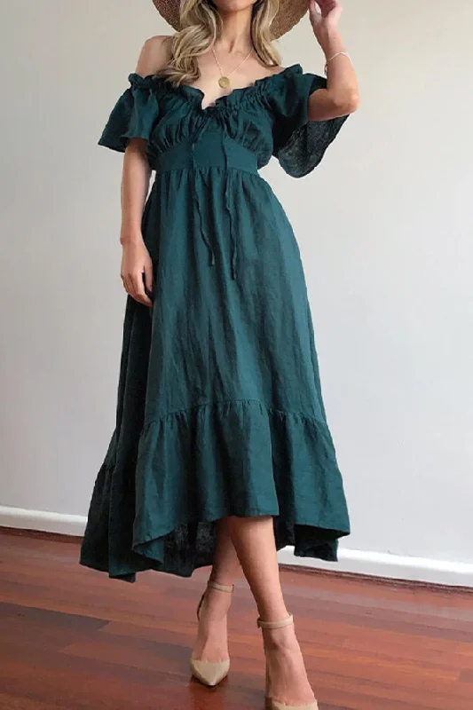 RUFFLED EDGE OFF SHOULDER MIDI DRESS Fashionable Plaid Midi Dress