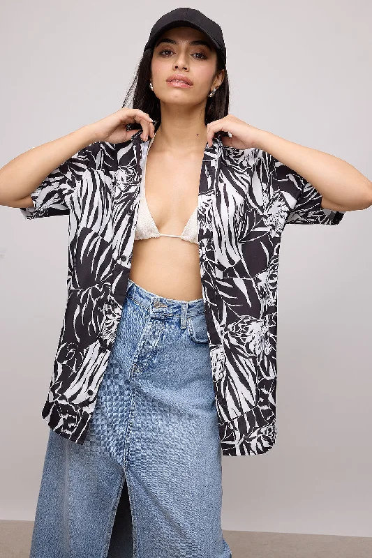 Safari Black And White Resort Shirt Fashionable Sheer Short Shirt