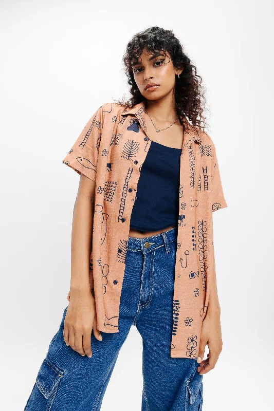 Sandbrown Printed Linen Shirt Classic V-Neck Short Shirt