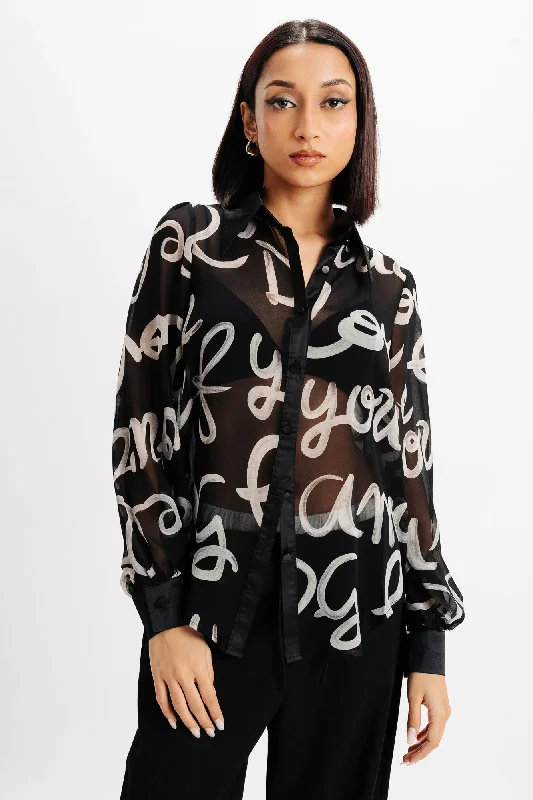 Scribble Black Sheer Shirt Trendy Summer Short Sleeve