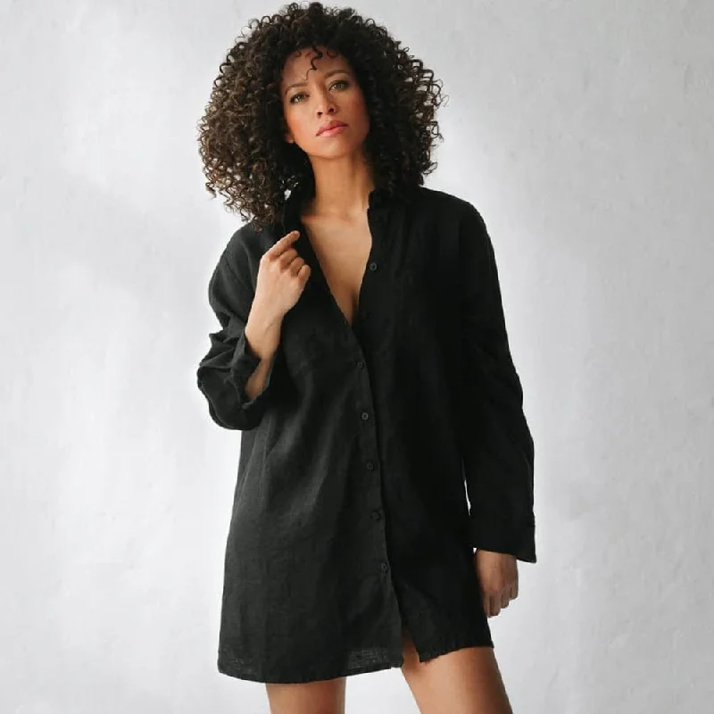 Seaside Tones Linen Boyfriend Shirt - Black