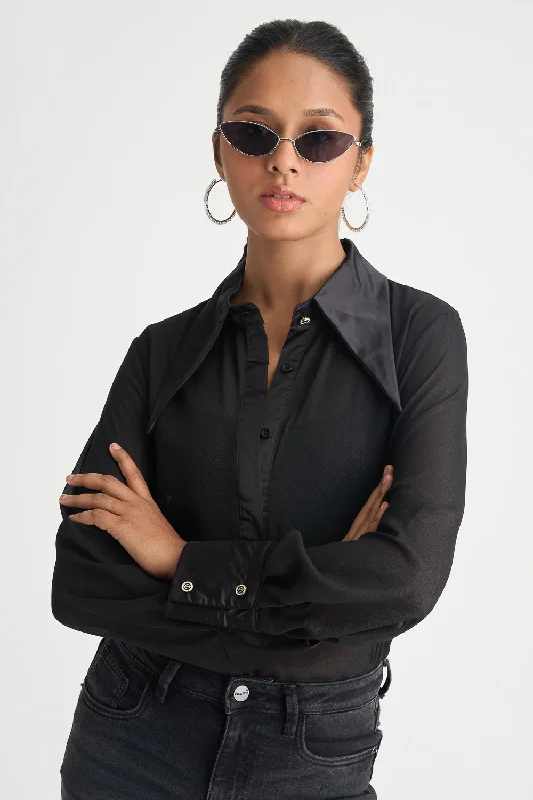 Sheer Me Black Shirt Stylish Crew Neck Shirt