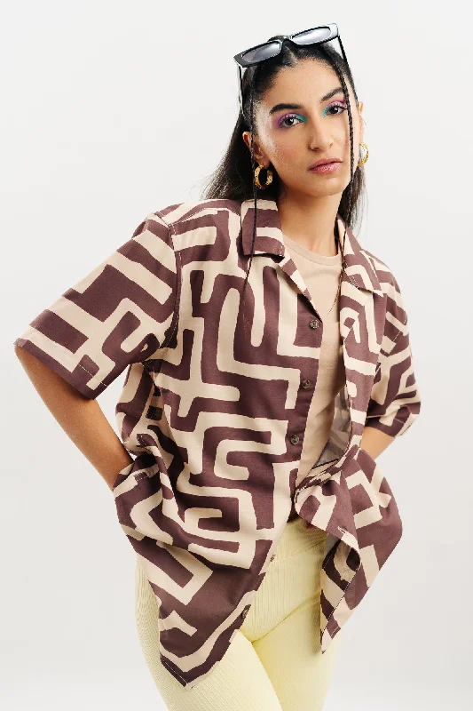 Mocha Maze Shirt Elegant Lace-Trimmed Short Shirt