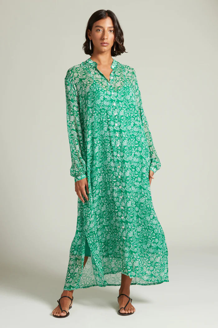 Silk Long Sleeve Button Down Maxi Dress in Jelly Bean