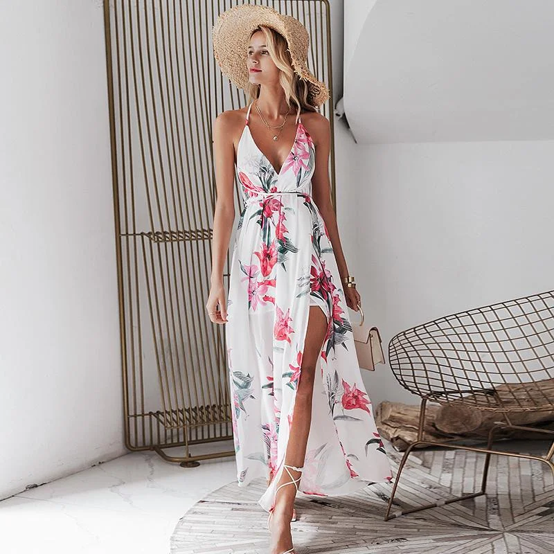 Backless Boho Floral Print Long Dress Chiffon Summer Maxi Dress