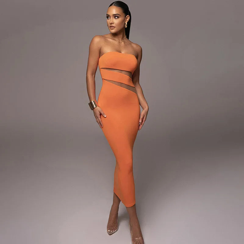 Slash Neck Off Shoulder Backless Patchwork Mesh Midi Dress Elegant Satin Midi Dress