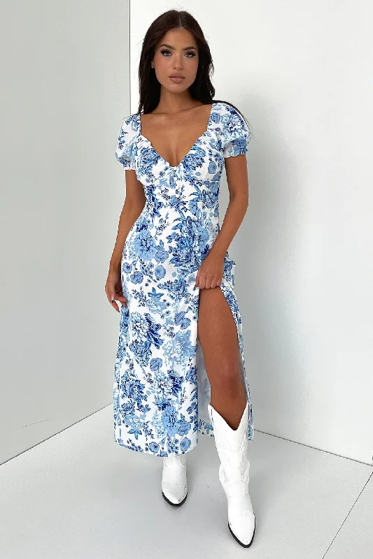 Solem Midi Dress - Blue Floral Comfortable Lace-Up Midi Dress