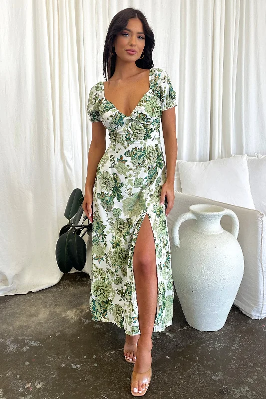 Solem Midi Dress - Green Floral Trendy Bodycon Midi Dress