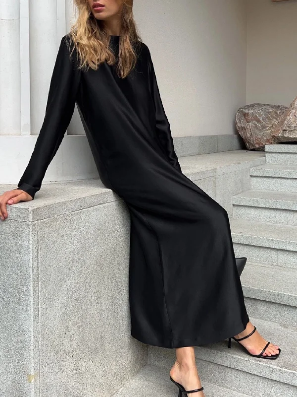 Solid Color Long Sleeve Slit Satin Maxi Dress