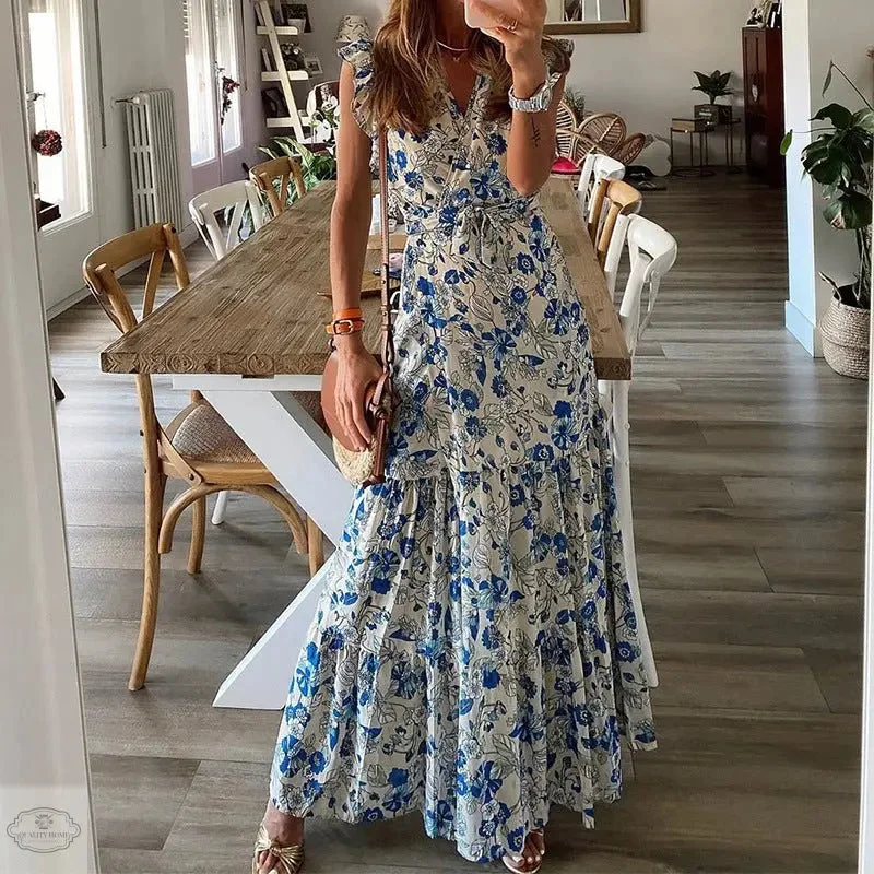 Ruffled Short Sleeve Floral Maxi Dress