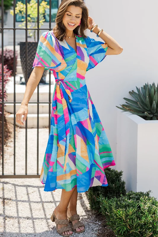 Story To Tell Blue Abstract Midi Dress Trendy Mock Neck Midi Dress