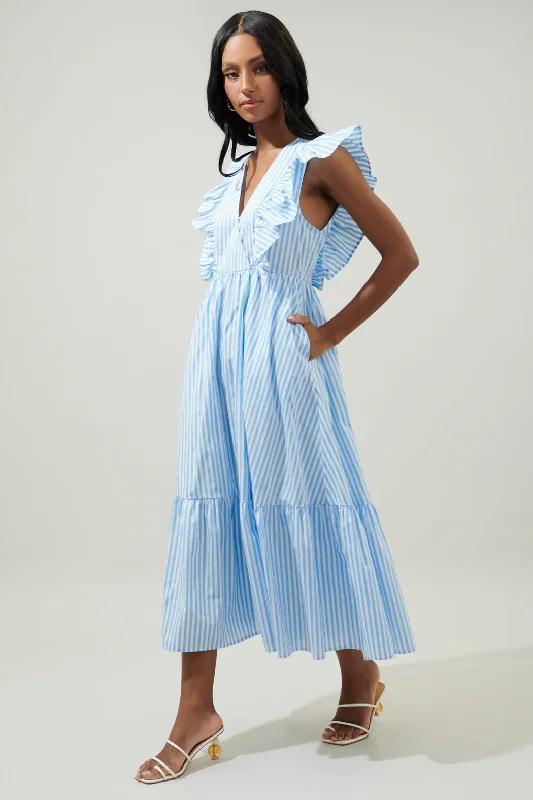 Striped Fairness Poplin Surplice Midi Dress Comfortable Wrap Midi Dress