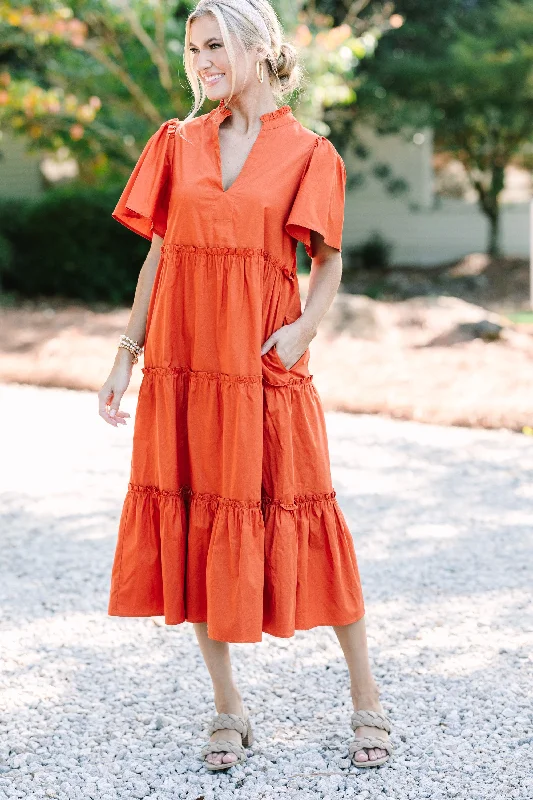 Sugarlips: Make A Statement Rust Orange Tiered Midi Dress Stylish Midi Dress with Cuffs Sugarlips: Make A Statement Rust Orange Tiered Midi Dress Stylish Midi Dress with Cuffs
