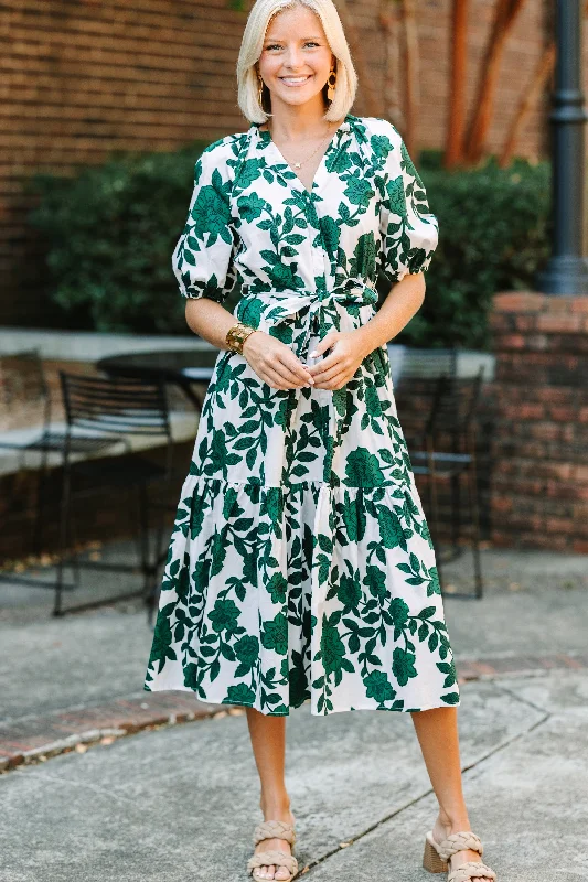 Sugarlips: Step Out Forest Green Floral Midi Dress Stylish High-Waisted Midi Dress