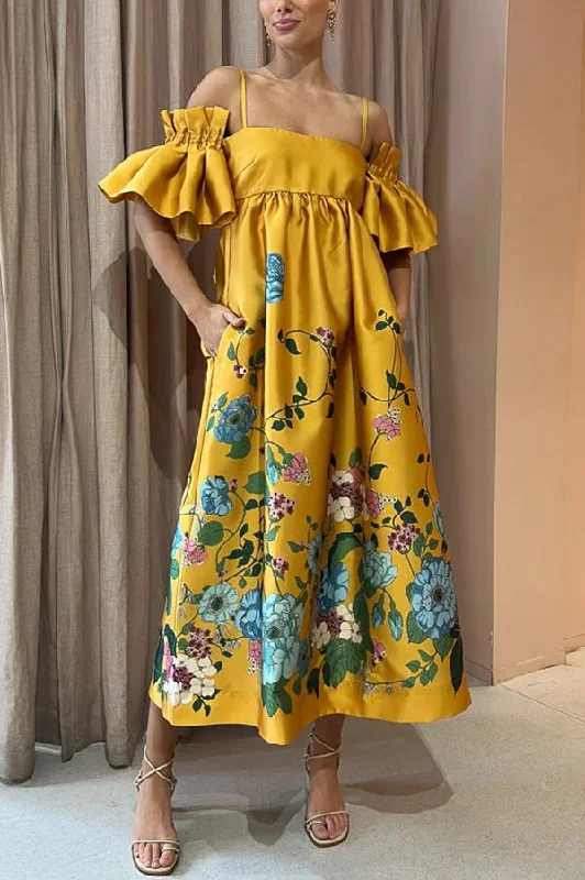 Sweetest Marigold Printed Gathered Sleeve Pocketed A-line Midi Dress Trendy Floral Wrap Midi Dress Sweetest Marigold Printed Gathered Sleeve Pocketed A-line Midi Dress Trendy Floral Wrap Midi Dress