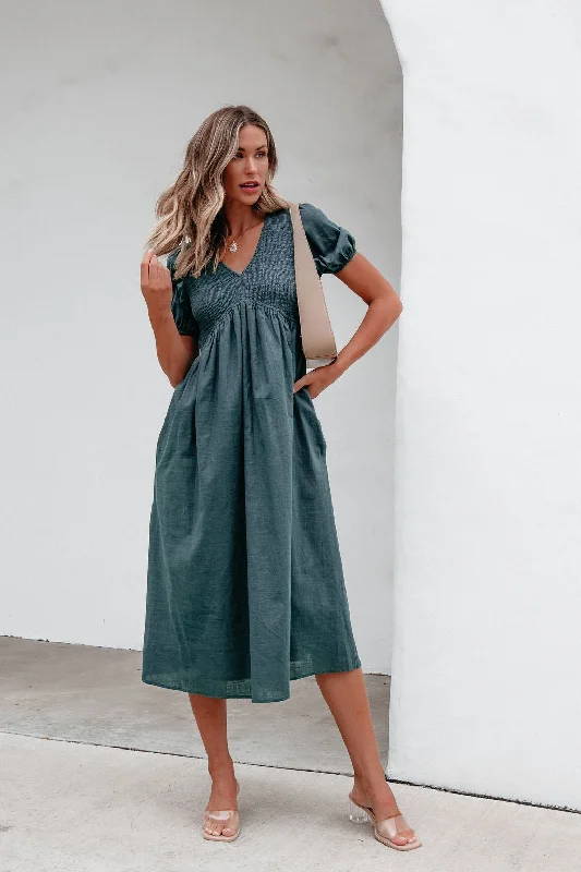 Teal Puff Sleeve Textured Midi Dress