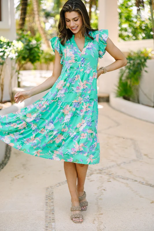Tell Me More Green Floral Midi Dress Comfortable Short Sleeve Midi Dress