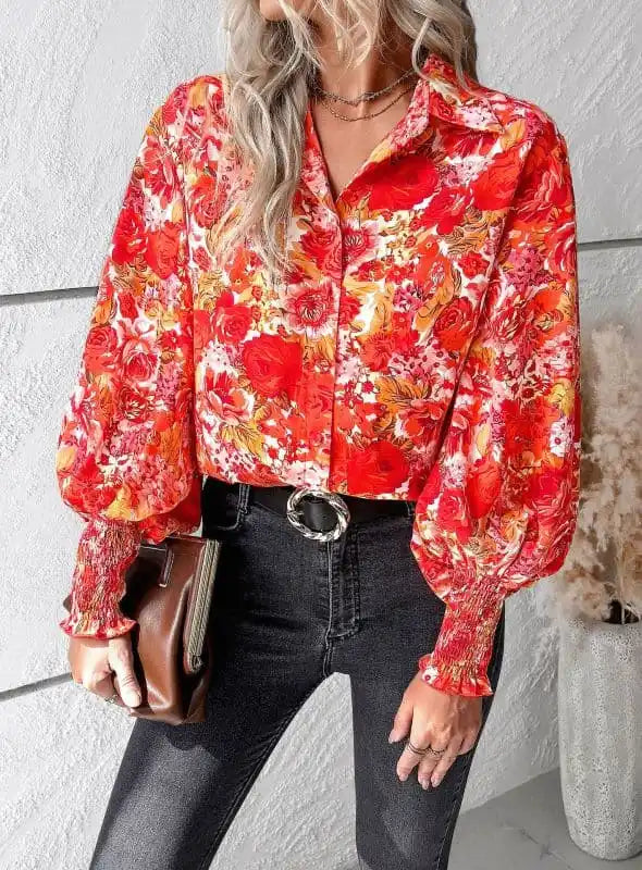 Temperament casual printed lantern sleeve shirt Modern Fit Short Sleeve