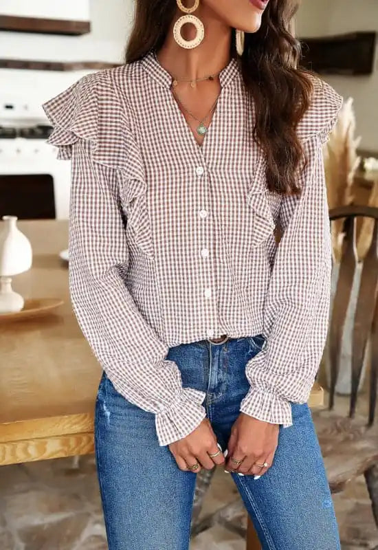 Temperament commuting plaid long-sleeved ruffle shirt Elegant Longline Short Shirt
