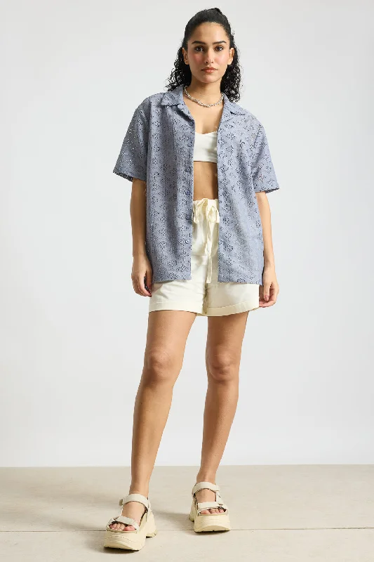 Textured Crochet Women's Shirt-Grey Casual Boxy Short Shirt
