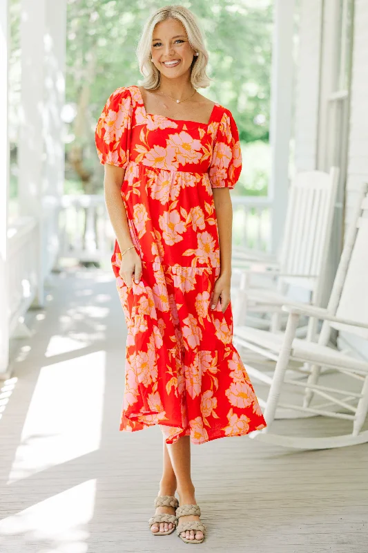 Think About It Red Floral Midi Dress Cozy T-shirt Midi Dress