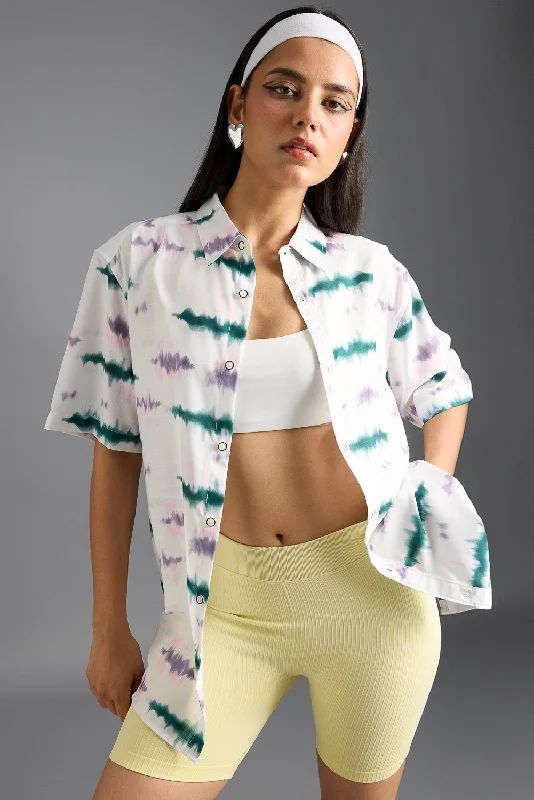 Tie Dye Printed Women's Resort Shirt Relaxed Cotton Short Blouse