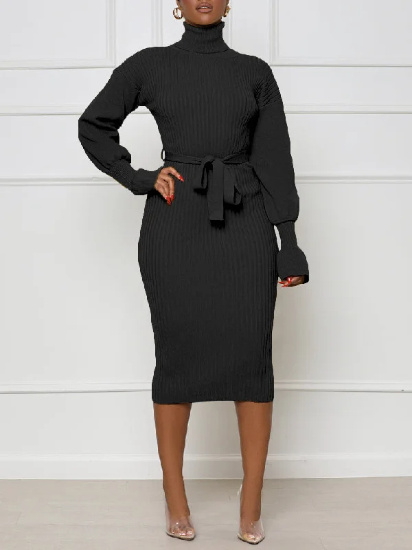 Tie Up Turtleneck Knit Maxi Dress