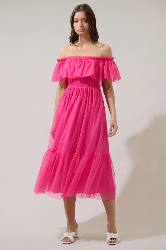 Trace Tulle Off the Shoulder Midi Dress Trendy Tiered Hem Midi Dress