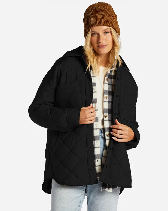 Transport Shacket Snap Front Overshirt - Black Fashionable Plaid Short Sleeve