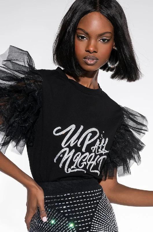 UP ALL NIGHT TULLE DETAIL T SHIRT Stylish Pleated Short Sleeve