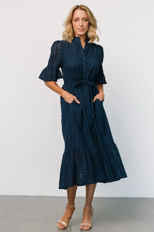 Virginia Eyelet Midi Dress | Navy Trendy Fit-and-Flare Midi Dress