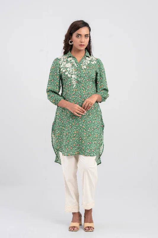 Women's Embroidered Viscose Ethnic Kurti with Shirt Collar Classic Basic Short Shirt
